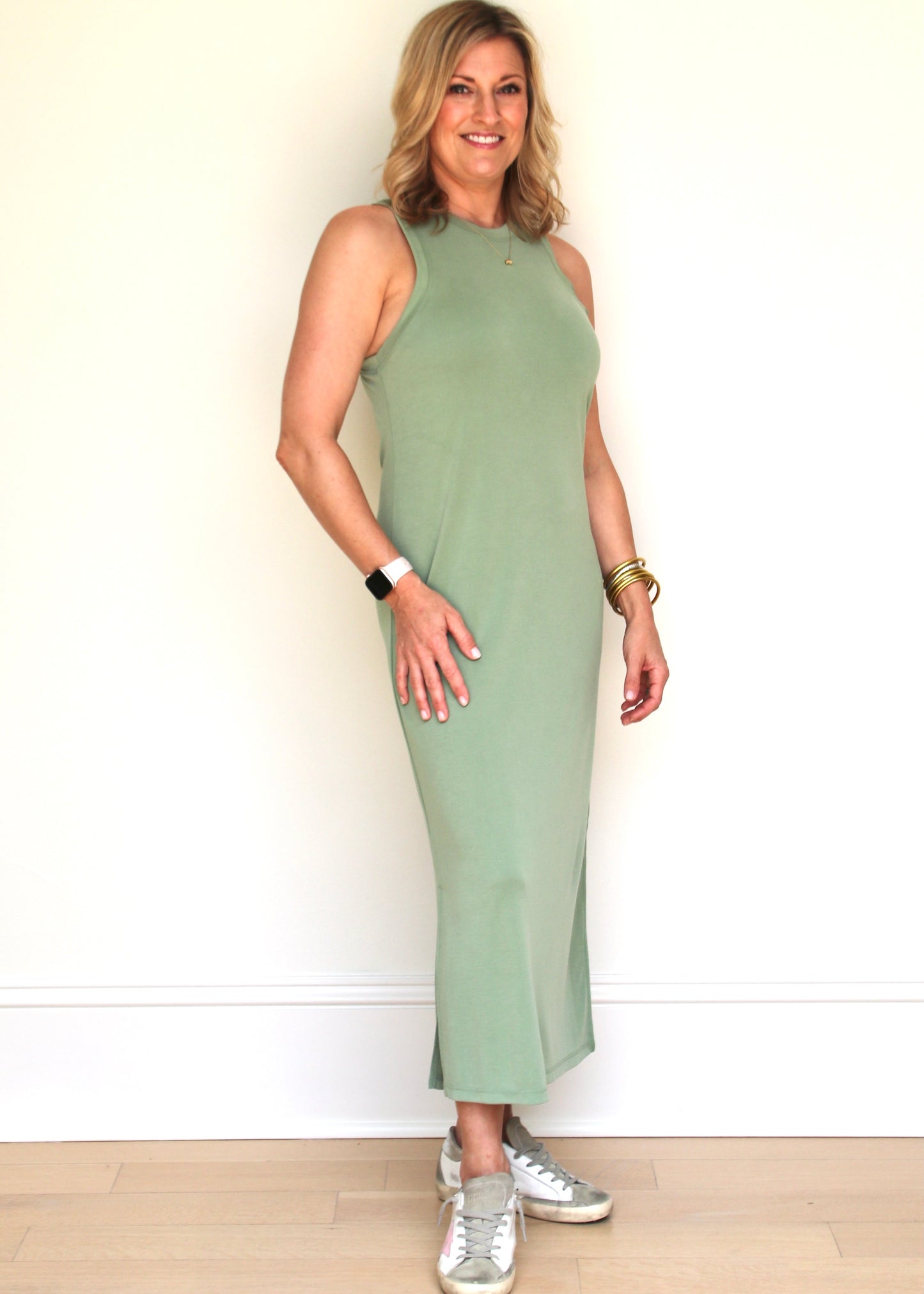 Matte Olive Sleeveless Midi Dress