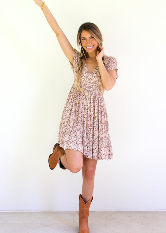 Smocked Floral Print Dress