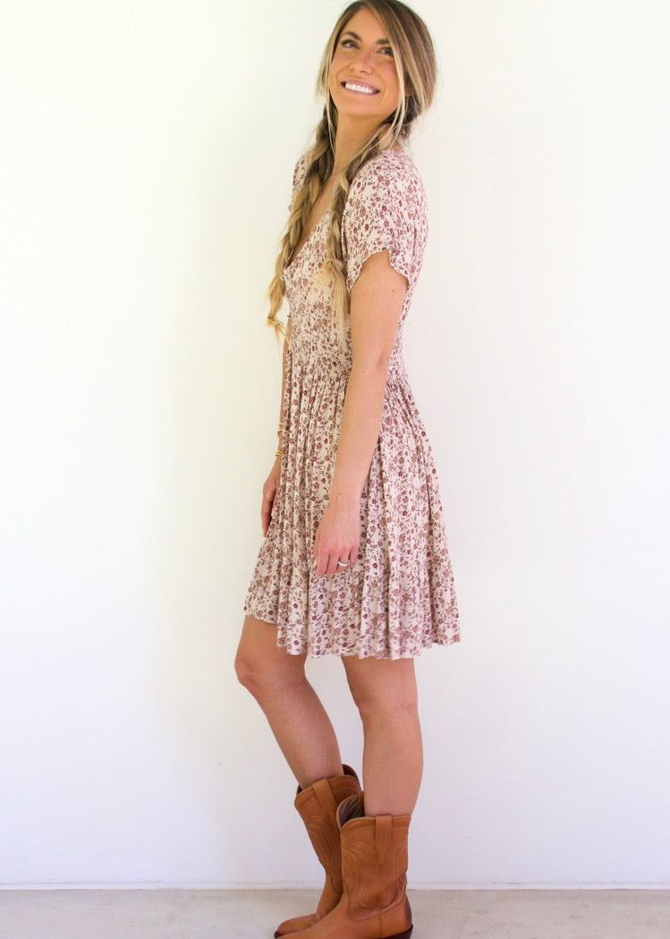 Smocked Floral Print Dress