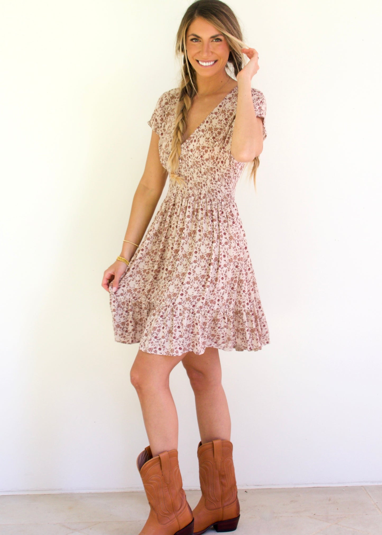 Smocked Floral Print Dress