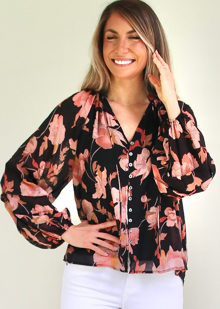 Floral Print Tie Neck Blouse