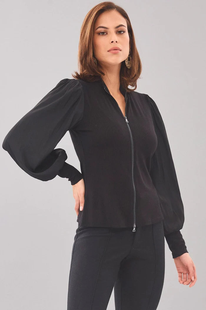 Balloon Sleeve Zip Front Top