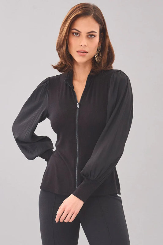 Balloon Sleeve Zip Front Top