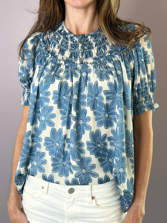 Blue Floral Jacquard Blouse