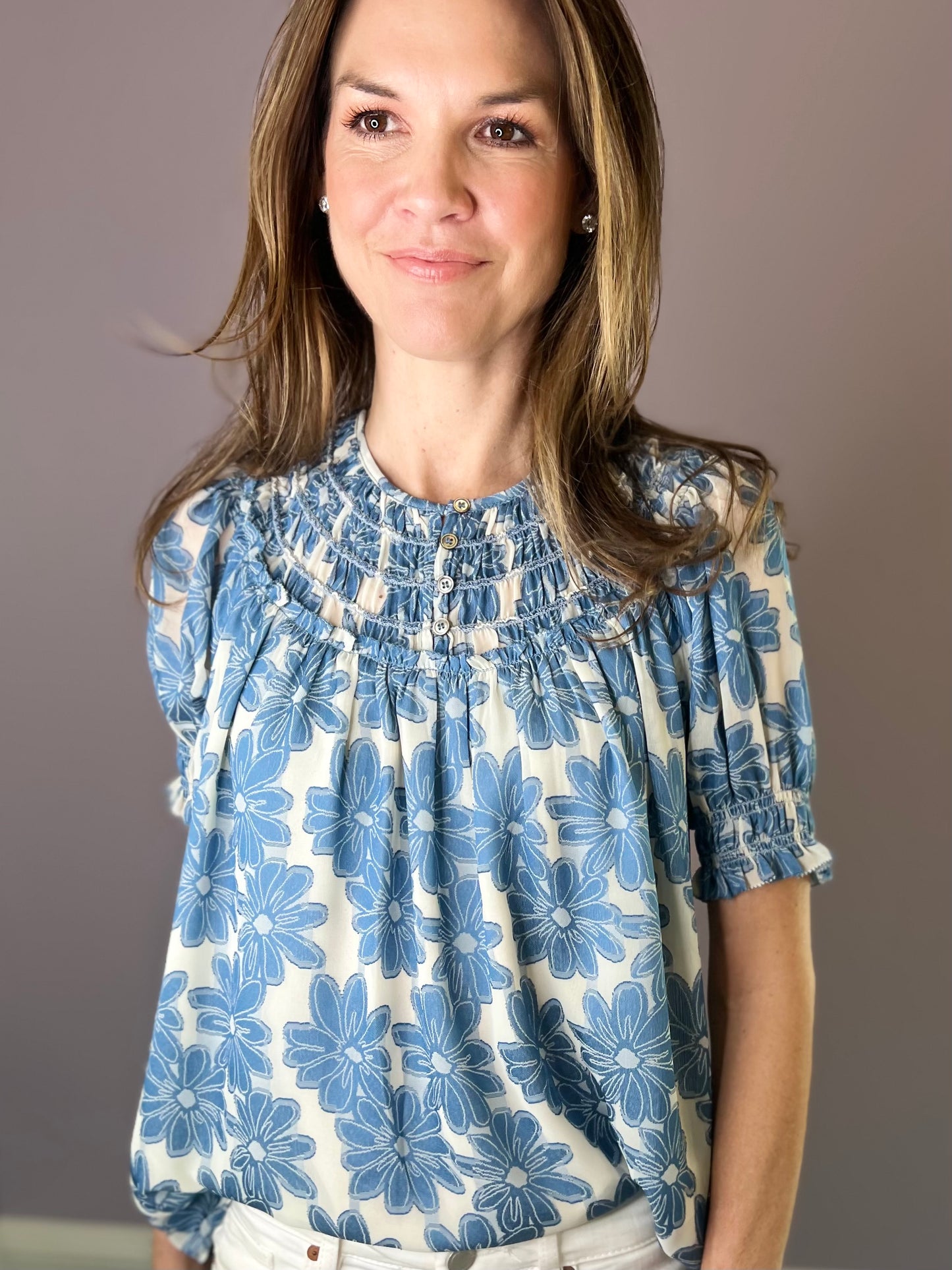 Blue Floral Jacquard Blouse