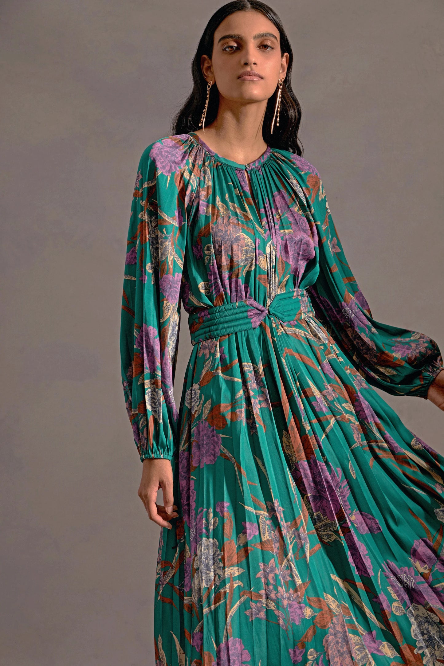 Botanical Belted Midi Dress