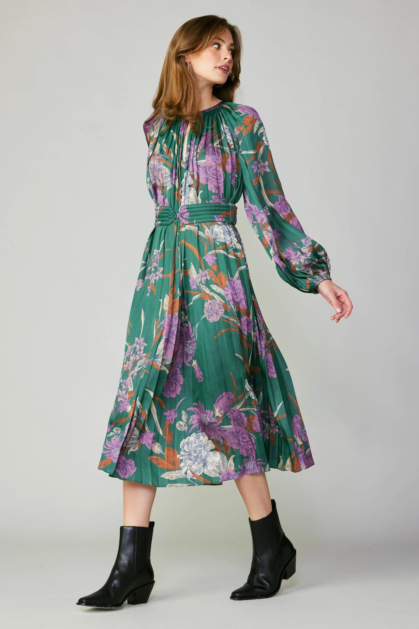 Botanical Belted Midi Dress