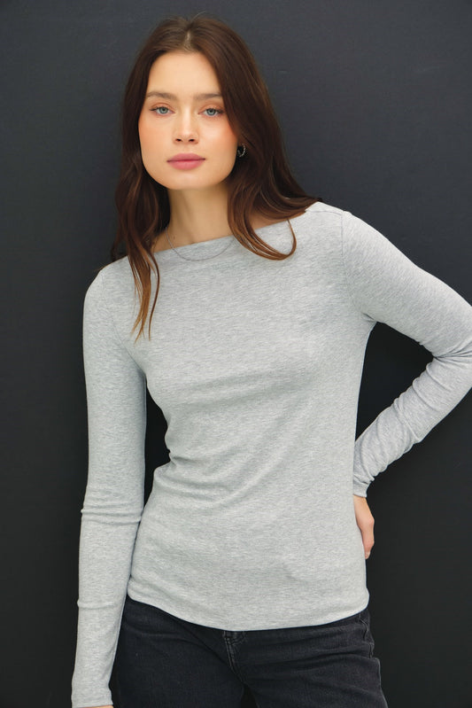 Grey Boat Neck Long Sleeve Top