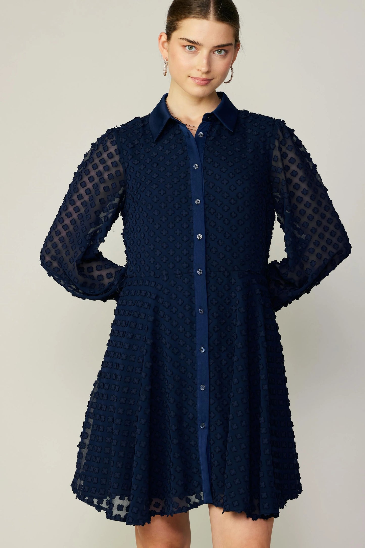 Textured Floral Jacquard Shirt Dress