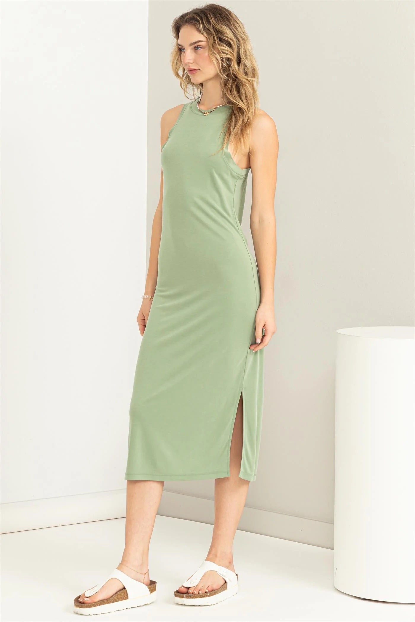 Matte Olive Sleeveless Midi Dress