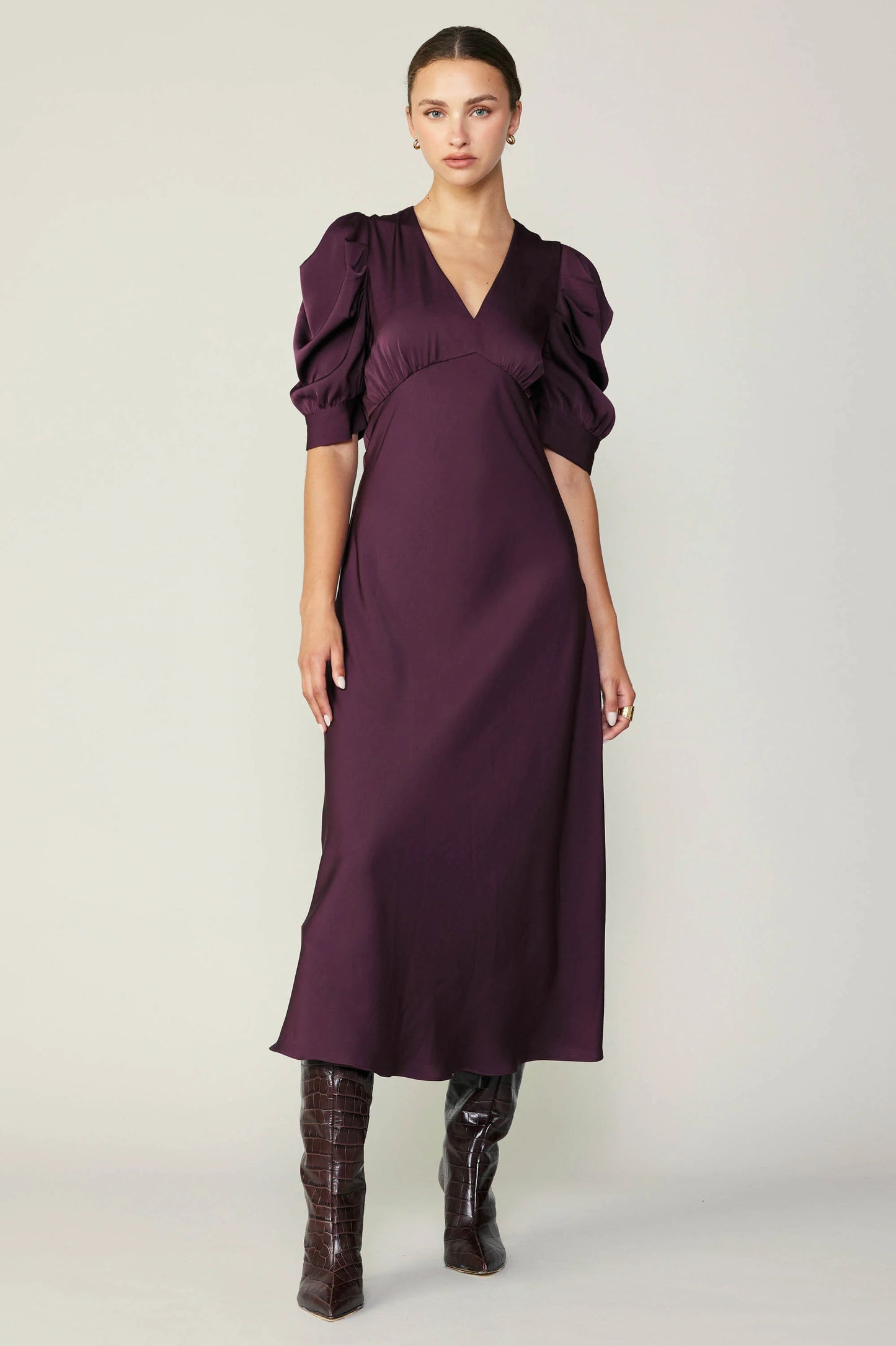 Plum Puff Sleeve Midi Dress