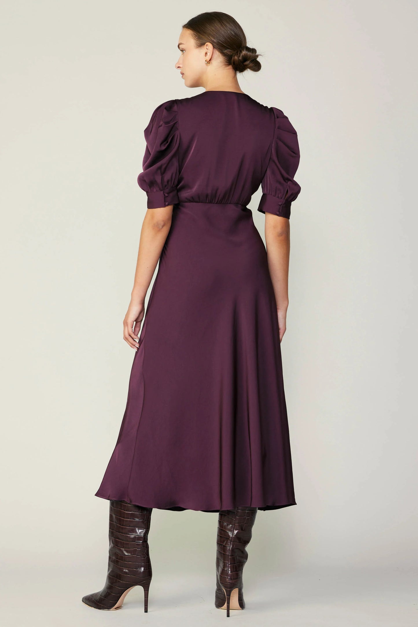 Plum Puff Sleeve Midi Dress