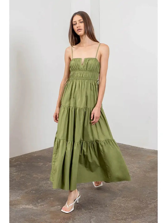 Shirred Waist Tie Tiered Midi Dress