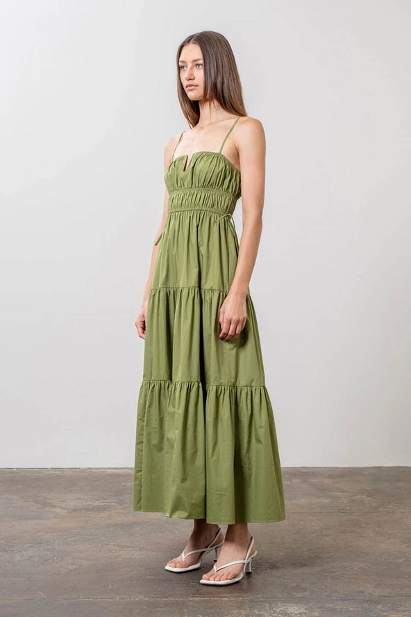 Shirred Waist Tie Tiered Midi Dress