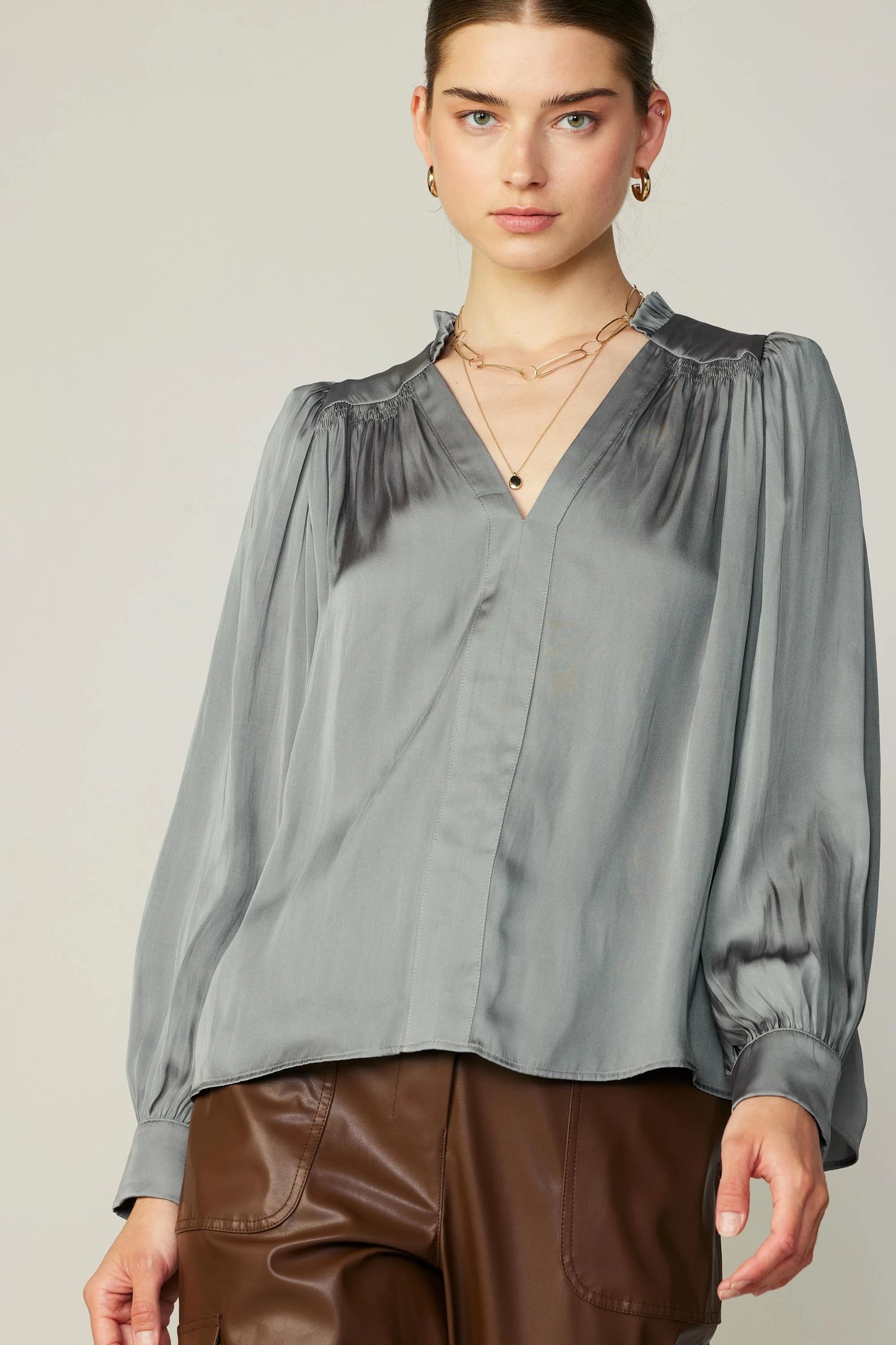 Smocked Shoulder Cuffed Blouse