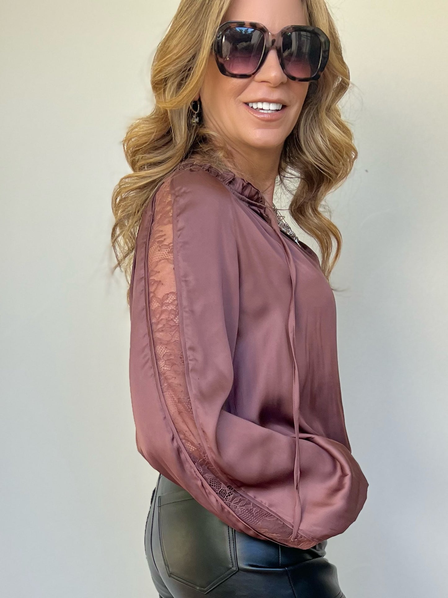 Split Neck Blouse with Lace Sleeve