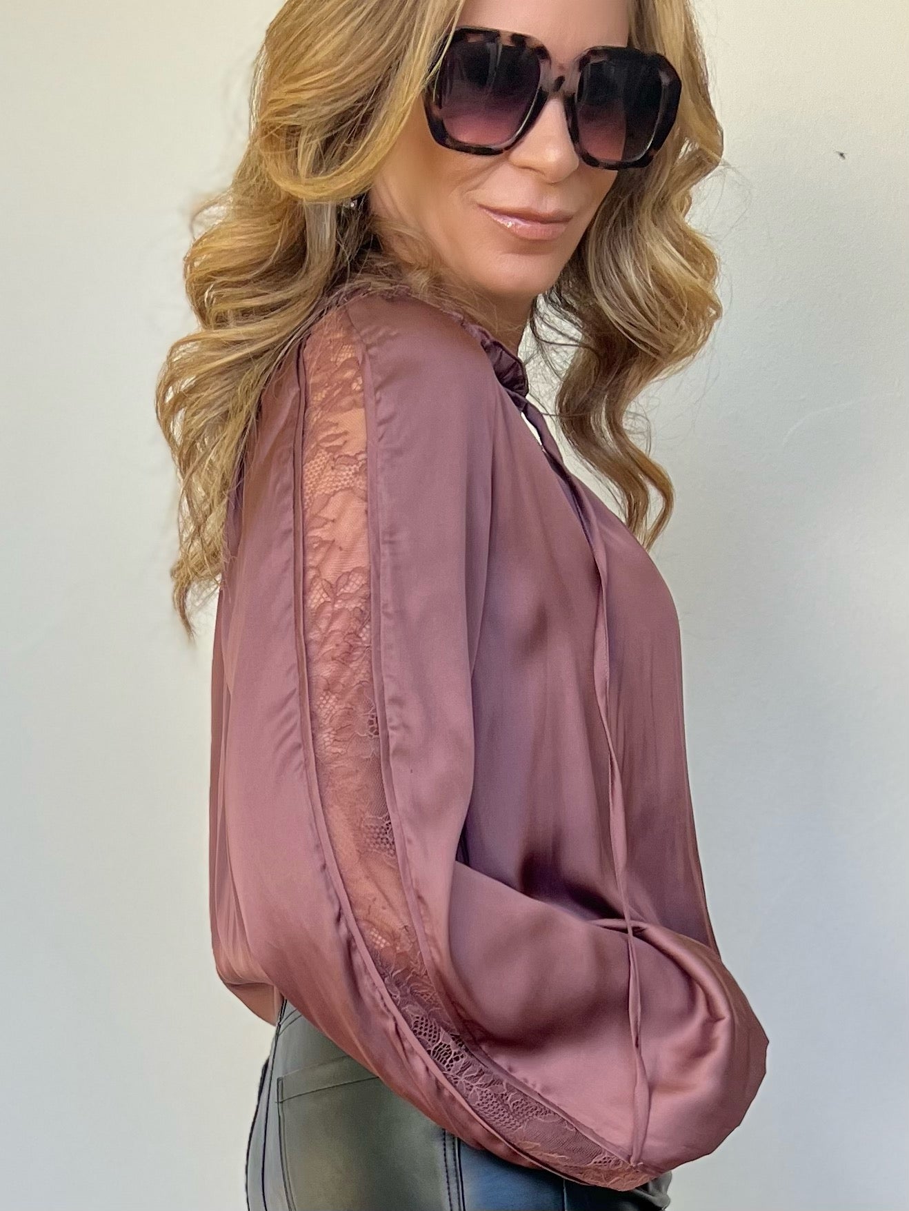 Split Neck Blouse with Lace Sleeve